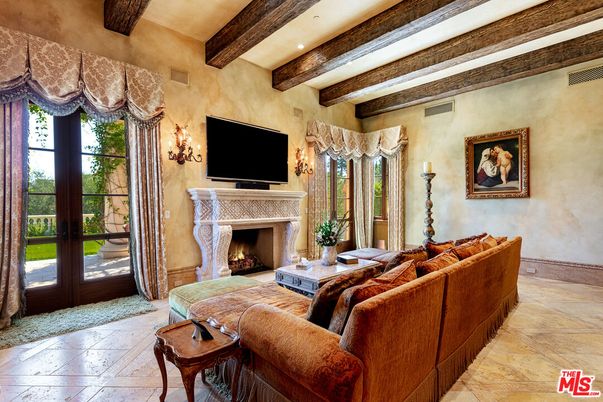Fireplace, Interior, Living room, Recessed Lighting, Wooden Beams