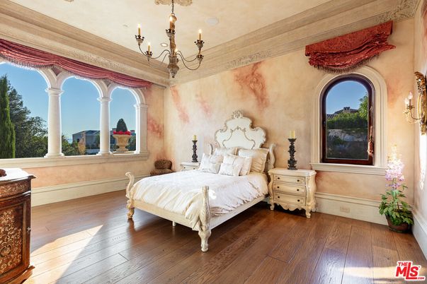 Bedroom, Chandelier, Interior, Wood Texture Flooring