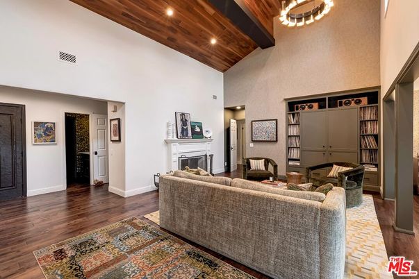 Fireplace, Interior, Living room, Recessed Lighting, Wooden Beams, Wooden Ceilings, Wood Texture Flooring