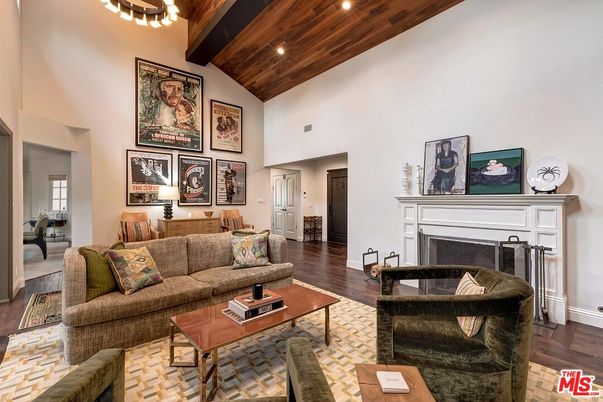 Fireplace, Interior, Living room, Recessed Lighting, Wooden Beams, Wooden Ceilings, Wood Texture Flooring