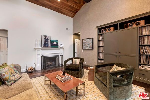 Fireplace, Interior, Living room, Recessed Lighting, Wooden Ceilings, Wood Texture Flooring