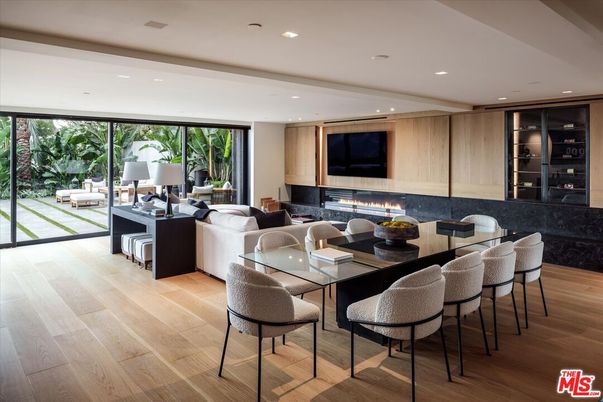 Dining room, Fireplace, Interior, Living room, Recessed Lighting, Wood Texture Flooring
