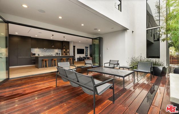 Interior, Kitchen, Marble Walls, Pendant Lights, Recessed Lighting, Wood Texture Flooring