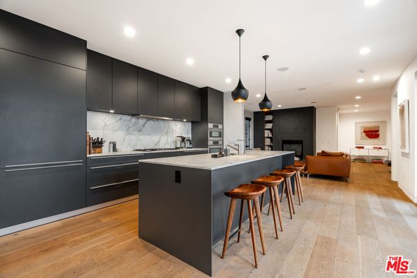 Interior, Kitchen, Living room, Marble Walls, Pendant Lights, Recessed Lighting, Stainless Steel Appliances, Wood Texture Flooring