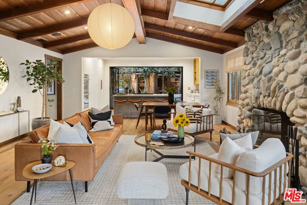 Dining room, Fireplace, Interior, Living room, Pendant Lights, Recessed Lighting, Stone Walls, Wooden Beams, Wooden Ceilings, Wood Texture Flooring