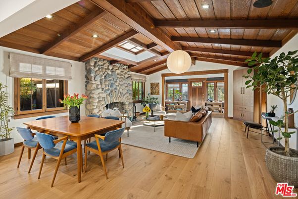 Dining room, Fireplace, Interior, Living room, Recessed Lighting, Stone Walls, Wooden Beams, Wooden Ceilings, Wood Texture Flooring