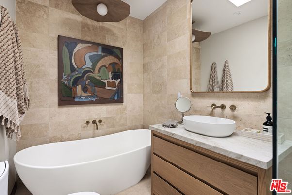 Bathroom, Free Standing Baths, Interior, Recessed Lighting, Stone Walls