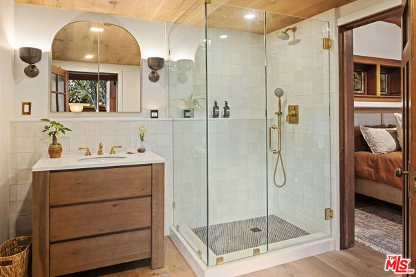 Bathroom, Glass Shower, Interior, Recessed Lighting, Wood Texture Flooring