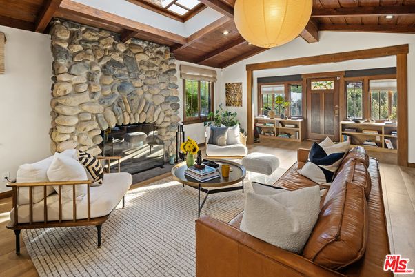 Fireplace, Interior, Living room, Recessed Lighting, Stone Walls, Wooden Beams, Wooden Ceilings, Wood Texture Flooring
