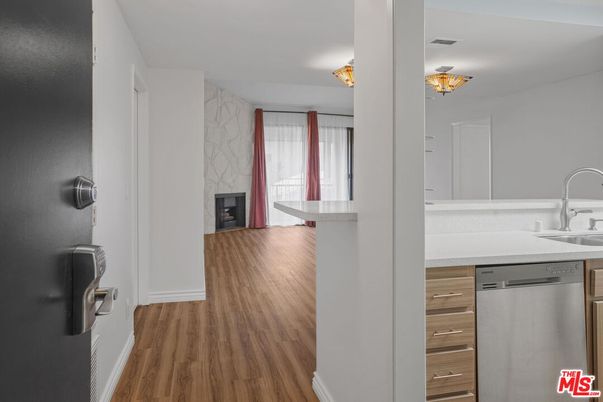 Fireplace, Interior, Kitchen, Stainless Steel Appliances, Wood Texture Flooring