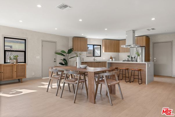 Dining room, Interior, Kitchen, Recessed Lighting, Wood Texture Flooring