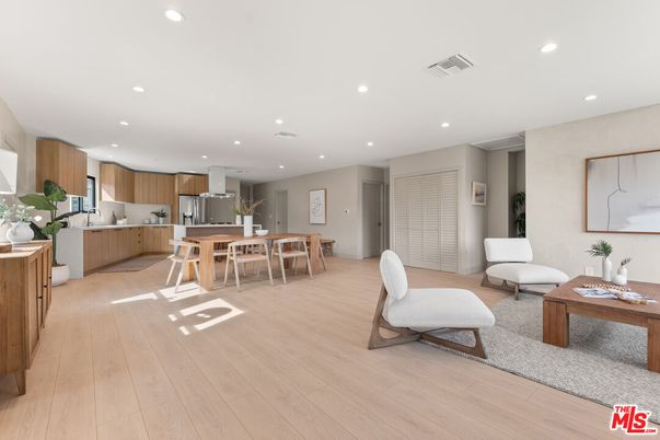 Dining room, Interior, Kitchen, Living room, Recessed Lighting, Stainless Steel Appliances, Wood Texture Flooring