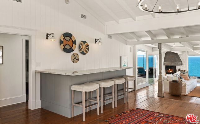 Fireplace, Interior, Living room, Pendant Lights, Water, Wood Texture Flooring