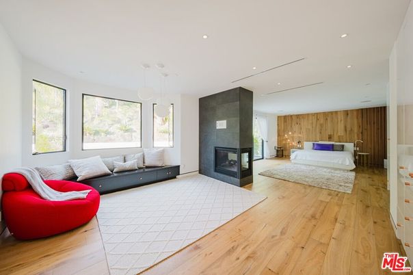 Bedroom, Fireplace, Interior, Living room, Pendant Lights, Recessed Lighting, Wood Texture Flooring, Wooden Walls