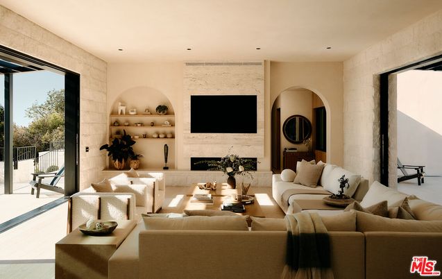 Fireplace, Interior, Living room, Recessed Lighting, Stone Walls