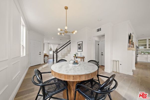 Dining room, Interior, Pendant Lights, Recessed Lighting, Wood Texture Flooring