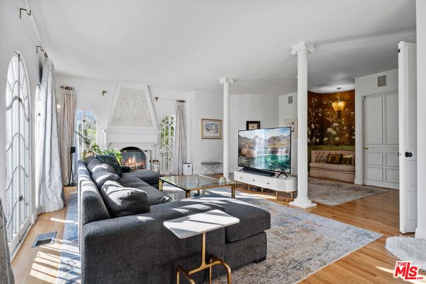 Fireplace, Interior, Living room, Pendant Lights, Wood Texture Flooring