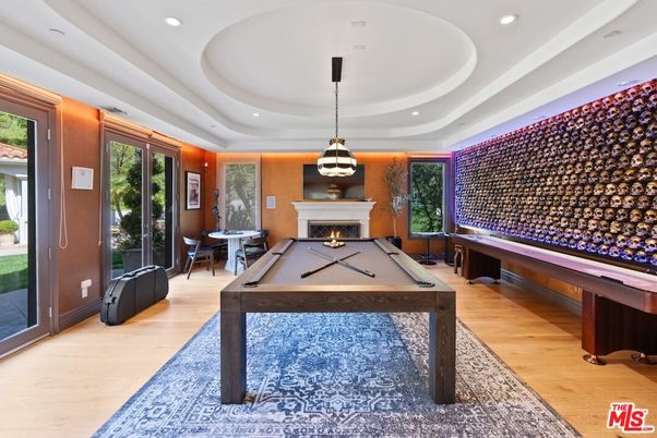 Billiard Table, Fireplace, Game Room, Interior, Pendant Lights, Recessed Lighting, Wood Texture Flooring