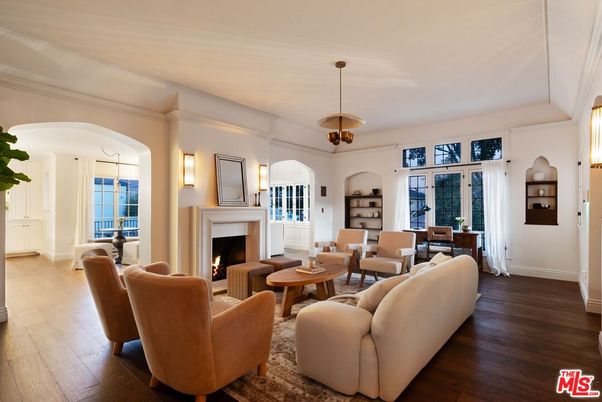 Fireplace, Interior, Living room, Pendant Lights, Wood Texture Flooring
