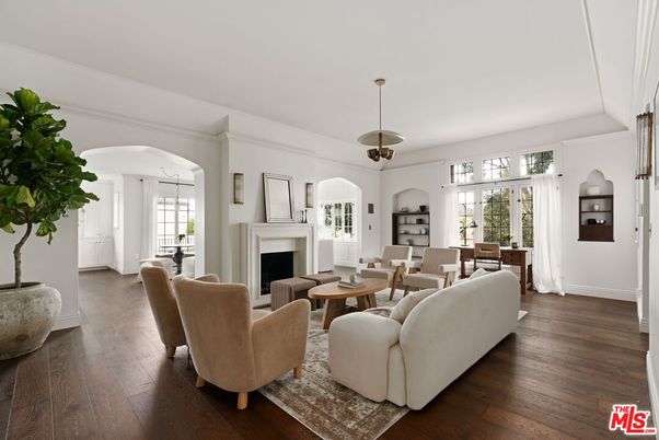 Dining room, Fireplace, Interior, Living room, Pendant Lights, Wood Texture Flooring