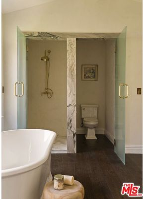 Bathroom, Free Standing Baths, Glass Shower, Interior, Marble Walls, Wood Texture Flooring