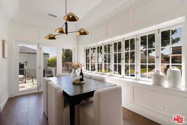 Dining room, Interior, Pendant Lights, Wood Texture Flooring