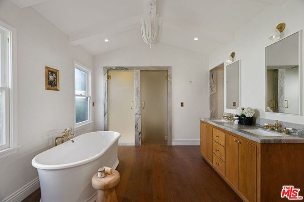 Bathroom, Dual Sink Vanities, Free Standing Baths, Interior, Recessed Lighting, Wood Texture Flooring