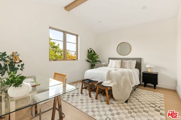 Bedroom, Interior, Recessed Lighting, Wooden Beams, Wood Texture Flooring