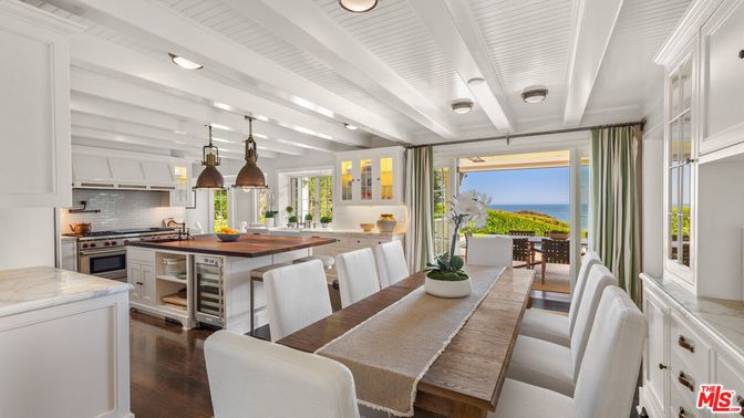 Dining room, Interior, Kitchen, Pendant Lights, Recessed Lighting, Stainless Steel Appliances, Water, Wood Texture Flooring