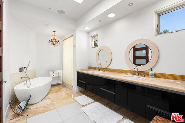 Bathroom, Chandelier, Dual Sink Vanities, Free Standing Baths, Interior, Recessed Lighting