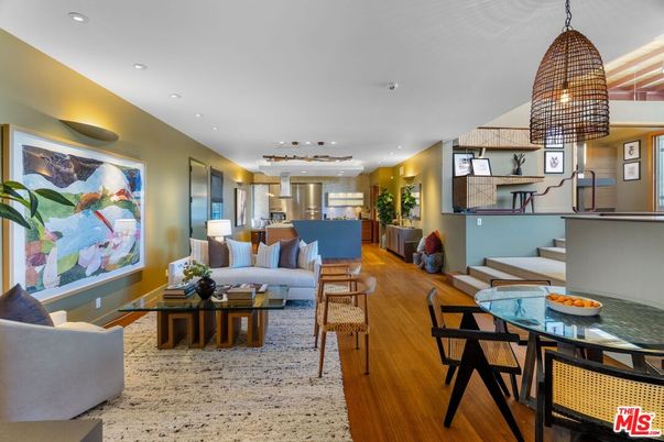 Dining room, Interior, Kitchen, Living room, Pendant Lights, Recessed Lighting, Stainless Steel Appliances, Wood Texture Flooring