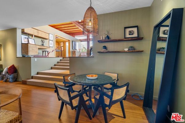 Dining room, Interior, Pendant Lights, Wood Texture Flooring
