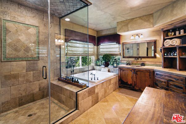 Bathroom, Glass Shower, Interior, Recessed Lighting, Stone Walls