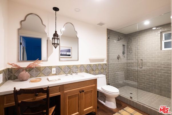 Bathroom, Glass Shower, Interior, Pendant Lights, Recessed Lighting, Wood Texture Flooring