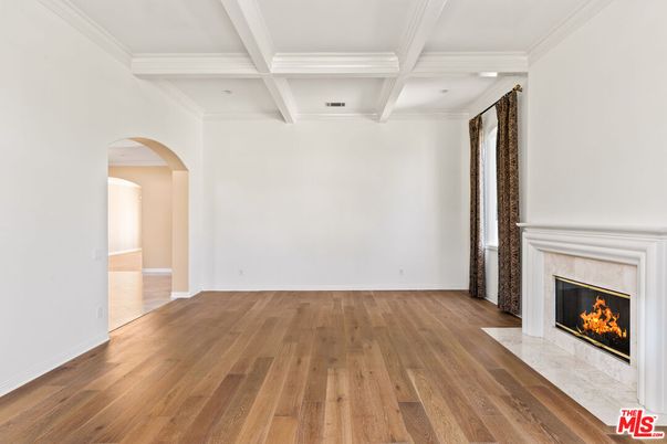 Empty room, Fireplace, Interior, Recessed Lighting, Wood Texture Flooring