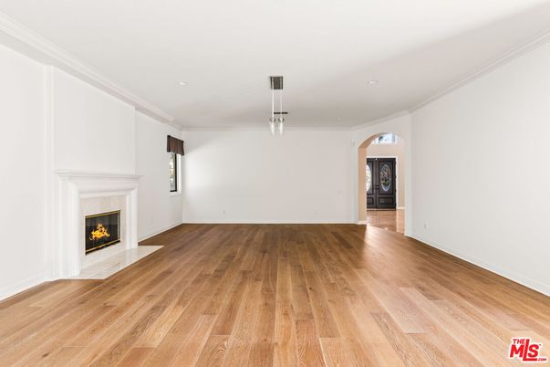 Empty room, Fireplace, Interior, Pendant Lights, Recessed Lighting, Wood Texture Flooring