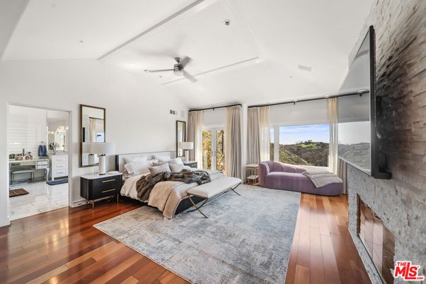 Bedroom, Fireplace, Interior, Living room, Recessed Lighting, Wood Texture Flooring