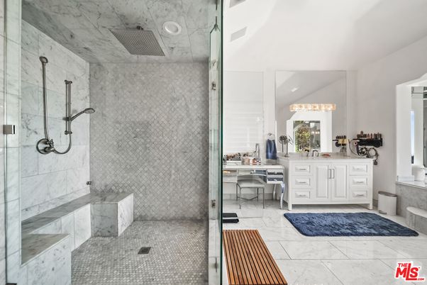 Bathroom, Glass Shower, Interior, Marble, Marble Walls, Recessed Lighting