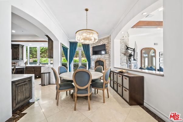 Chandelier, Dining room, Fireplace, Interior, Kitchen, Recessed Lighting, Stone Walls