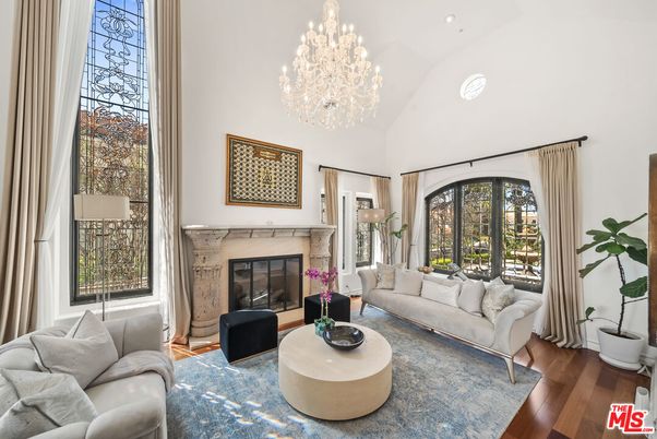 Chandelier, Fireplace, Interior, Living room, Recessed Lighting, Wood Texture Flooring