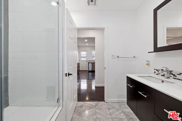 Bathroom, Glass Shower, Interior, Marble, Recessed Lighting, Wood Texture Flooring