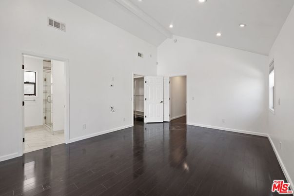 Bathroom, Empty room, Interior, Marble, Recessed Lighting, Wood Texture Flooring