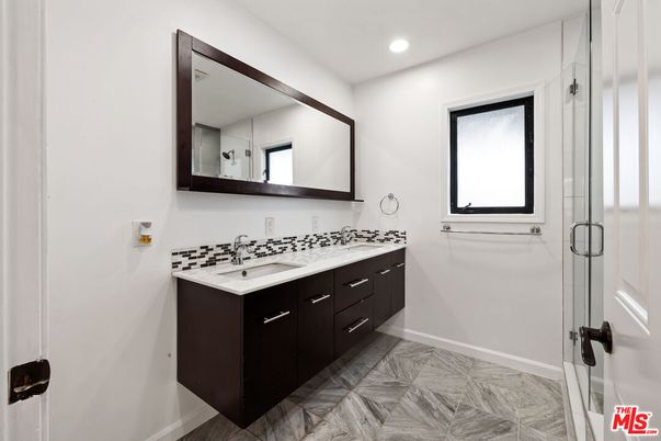 Bathroom, Dual Sink Vanities, Glass Shower, Interior, Marble, Recessed Lighting