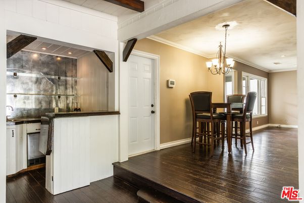 Chandelier, Dining room, Interior, Recessed Lighting, Wooden Beams, Wood Texture Flooring
