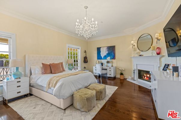 Bedroom, Chandelier, Fireplace, Interior, Wood Texture Flooring