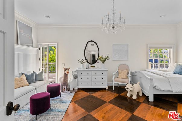 Bedroom, Chandelier, Interior, Recessed Lighting, Wood Texture Flooring