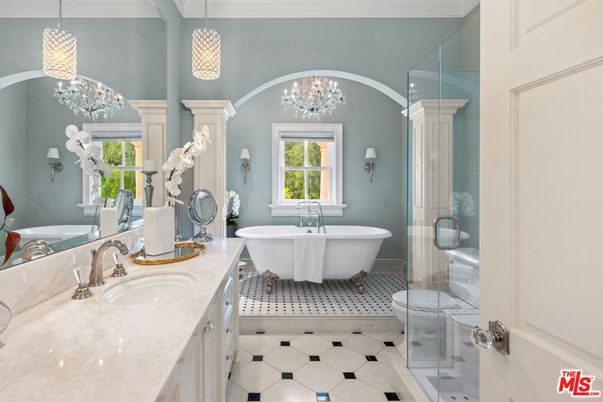 Bathroom, Dual Sink Vanities, Free Standing Baths, Glass Shower, Interior, Pendant Lights