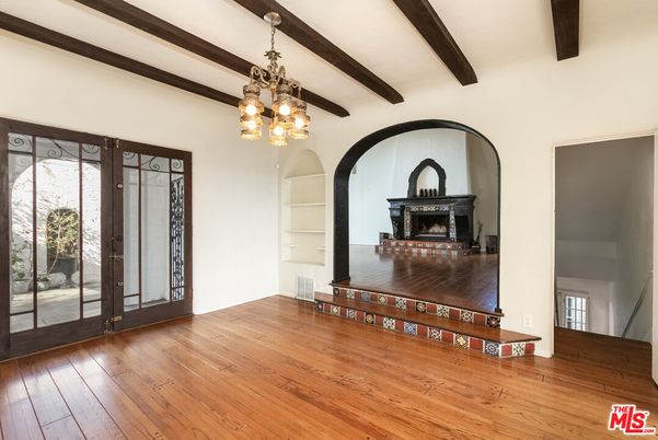 Empty room, Fireplace, Interior, Pendant Lights, Wooden Beams, Wood Texture Flooring