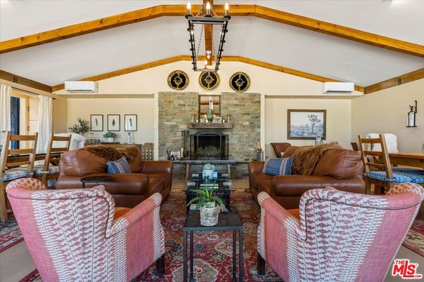 Dining room, Fireplace, Interior, Living room, Stone Walls, Wooden Beams