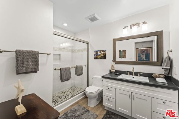 Bathroom, Glass Shower, Interior, Recessed Lighting, Wood Texture Flooring